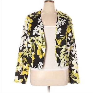 Ashley Stewart 18 black/green/white/yellow floral open low-hi hem stretch blazer